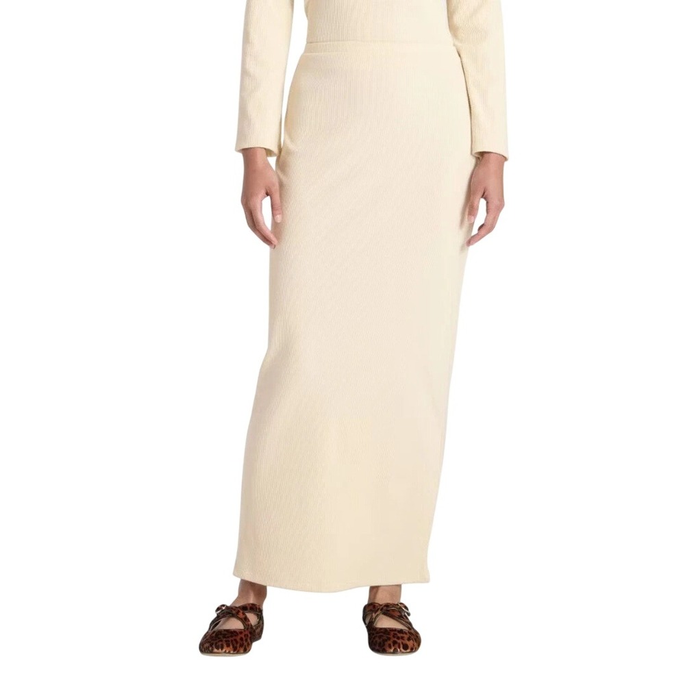 A New Day Women's Cream High Rise Ribbed Knit Column Maxi Skirt Size Large